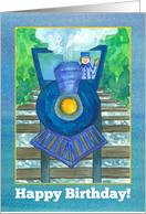 Happy Birthday Blue Steam Train Watercolor Illustration card