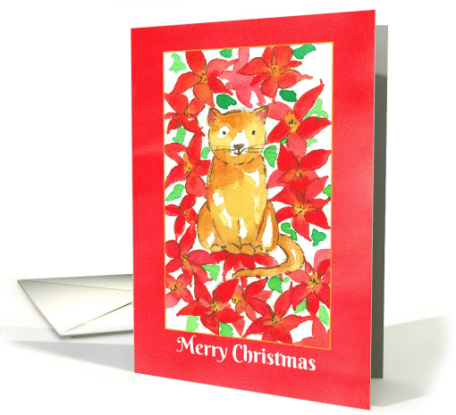 Merry Christmas Cat Red Poinsettia Flowers card (1494520)