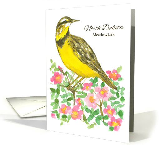 State Bird of North Dakota Wild Prairie Rose Flower Watercolor card