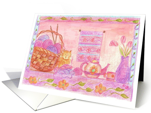 Knitting Kitten Pink Flowers Crafts Blank card (151333)