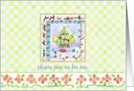 Tea Party Invitation Green Teapot Orange Flowers Green Checks card