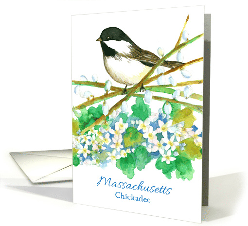 State Bird of Massachusetts Chickadee May Flower Watercolor card