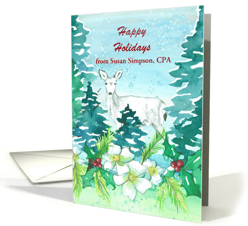 Business Happy Holidays Deer Forest Holly Custom Name card (1543604)