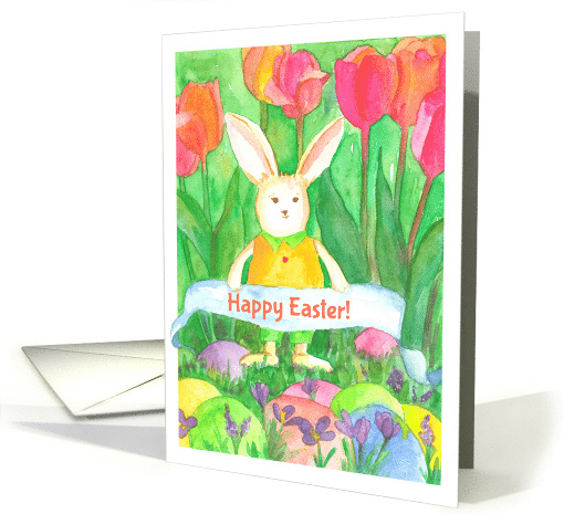 Happy Easter White Bunny Rabbit Tulip Flowers card (156682)