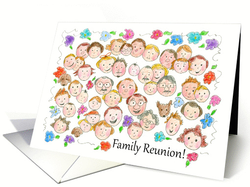 Family Reunion Invitation Flowers Funny Faces Kids Illustration card