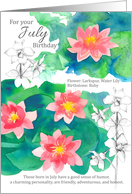 For Your July Birthday Waterlily Larkspur Botanical card