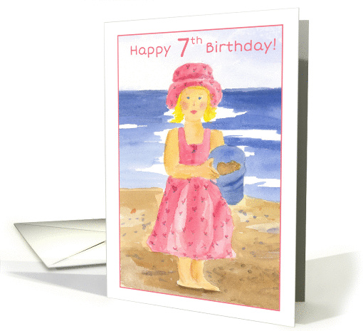 Happy 7th Birthday Girl in Pink Dress at the Beach card (164612)