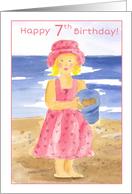 Happy 7th Birthday Girl in Pink Dress at the Beach card