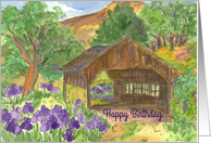 Happy Birthday Covered Bridge Purple Iris Flowers card