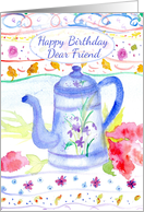 Happy Birthday Dear Friend Antique Blue Coffee Pot Watercolor card