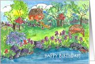 Happy Birthday Cottage Blooming Wildflowers Stream card