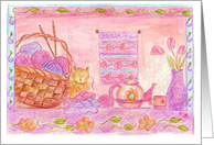 Knitting Basket and Kitten Pink Blank Note Card