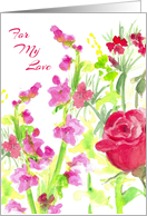 For My Love Red Rose Flower Bouquet Watercolor card