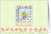Thinking of You Green Teapot Watercolor Gingham Checks card