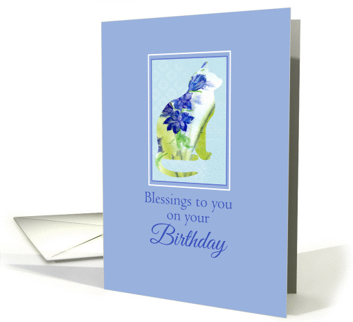 Blessings To You On Your Birthday Floral Blue Cat card (180370)