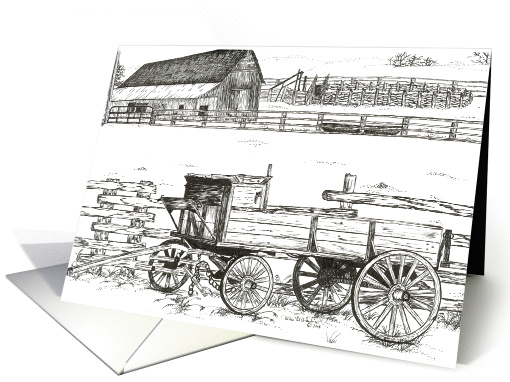 Vintage Antique Wagon Ranch Landscape Art Blank card (180404)