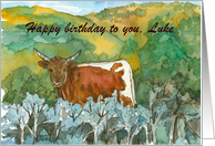 Happy Birthday Cow Desert Landscape Custom Name card