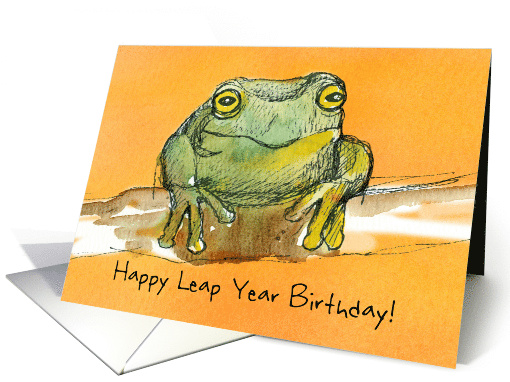 Happy Leap Year Birthday Frog Branch Orange Watercolor card (1826078)