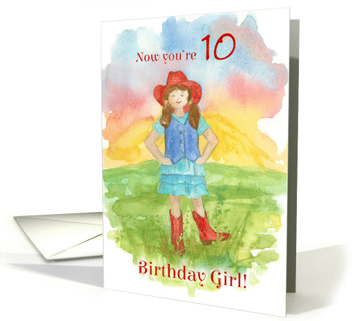 Happy 10th Birthday Cowgirl Boots Custom Age Sunset card (1833336)