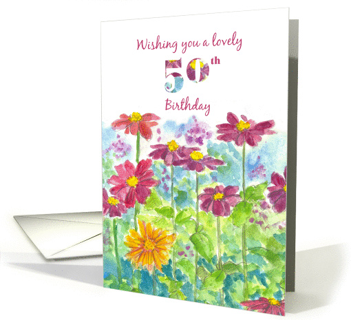 Happy 50th Birthday Red Zinnia Watercolor Flowers card (186062)