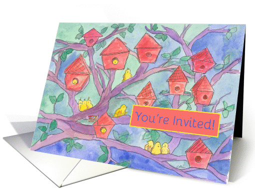 Housewarming Party Invitation Red Birdhouses Yellow Birds card