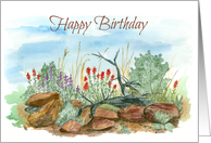 Happy Birthday Desert Wildflowers Landscape Watercolor card