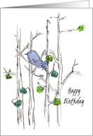 Happy Birthday Bluebird Trees Leaves Pen and Ink Nature Art card