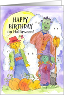 Happy Birthday on Halloween Frankenstein Scarecrow Witch Ghosts card