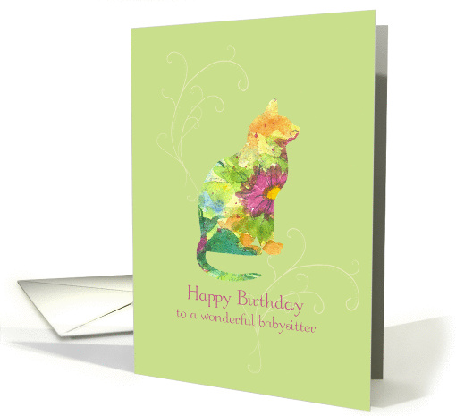 Happy Birthday Babysitter Cat Watercolor Flowers card (208737)