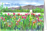 Happy Birthday Wildflower Mountain Watercolor card