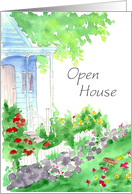 Open House Invitation Red Birdhouses Watercolor Illustration card