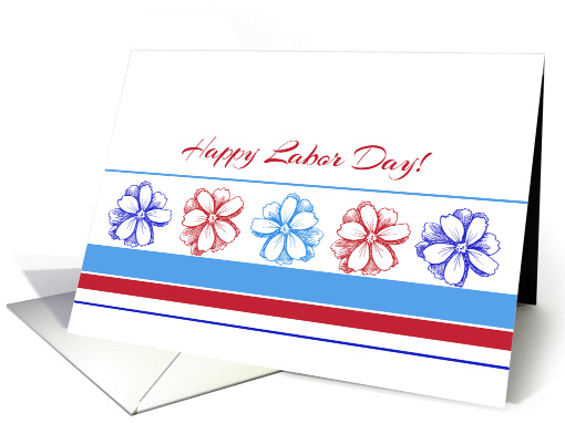 Happy Labor Day Red White Blue Flowers Stripes card (240451)
