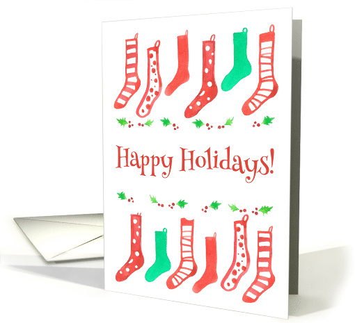 Happy Holidays Red Christmas Stockings Watercolor Illustration card
