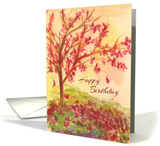 Autumn Tree Happy Birthday Falling Leaves Watercolor card (287421)