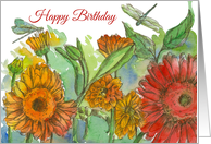 Happy Birthday Red Daisy Flowers Dragonfly Watercolor Art card