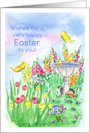 Happy Easter Spring Bunny Birds Butterflies Watercolor Painting card