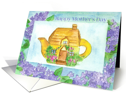 Happy Mother's Day Cottage Teapot Lilac Flowers Watercolor card