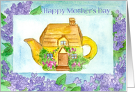 Happy Mother’s Day Cottage Teapot Lilac Flowers Watercolor card