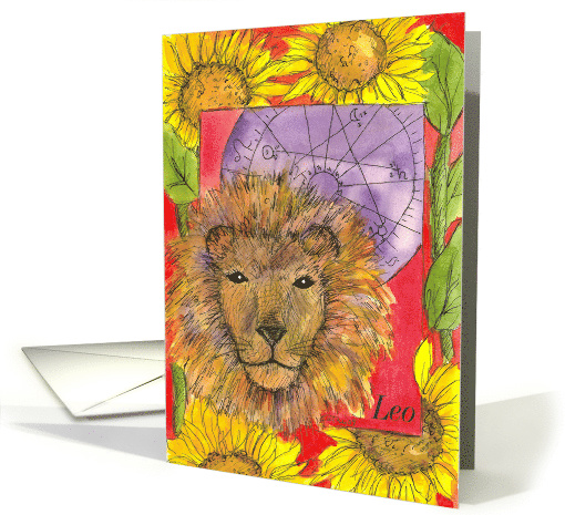 Happy Birthday Leo Astrology Lion Sunflowers card (390059)