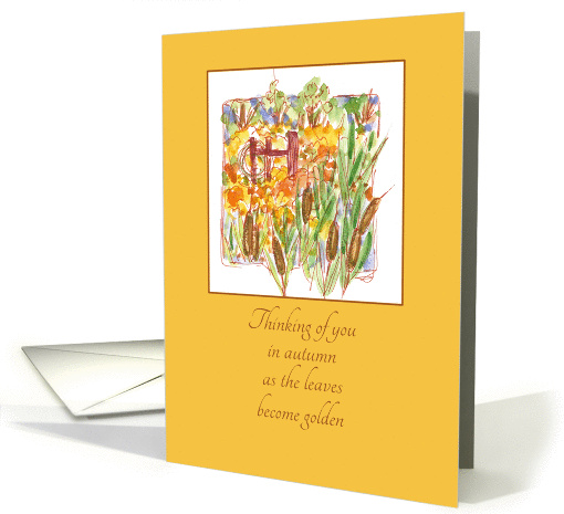 Thinking of You in Autumn Golden Leaves Cattails Watercolor card
