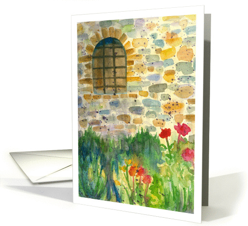 Cottage Window Red Poppy Flowers Watercolor Painting Blank card