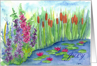 Happy July Birthday Cattails Larkspur Waterlily Pond card