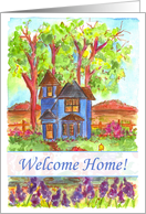 Welcome Home Blue Victorian Cottage House Landscape Art card