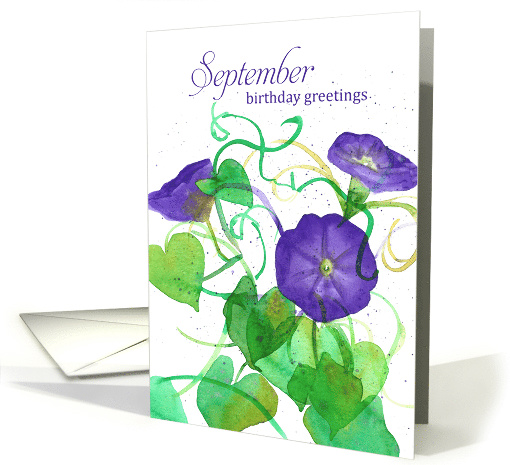 September Birthday Purple Morning Glory Watercolor Spatter card