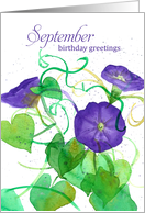 September Birthday Purple Morning Glory Watercolor Spatter card