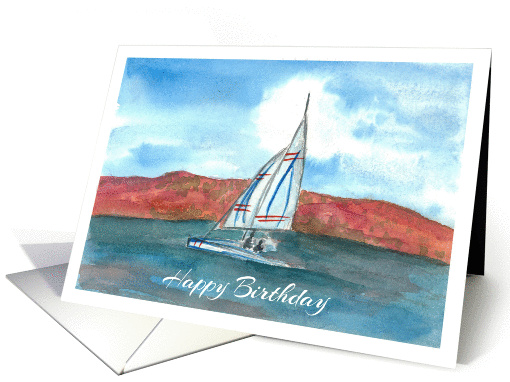 Happy Birthday Summer Lake Sailing Watercolor Painting card (691926)