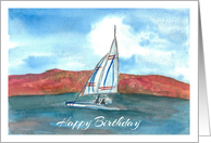 Happy Birthday Summer Lake Sailing Watercolor Painting card