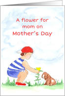 Happy Mother’s Day Boy and Puppy Flower For Mom card