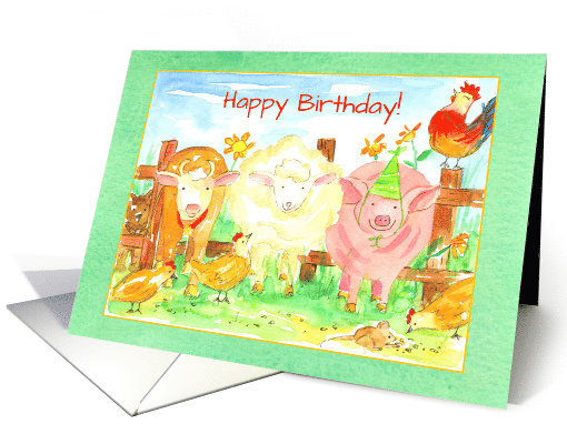 Happy Birthday Farm Animals Pig Cow Chickens Illustration card