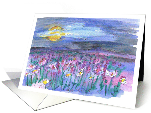 Full Moon Evening Flower Meadow Mountains Blank card (824891)